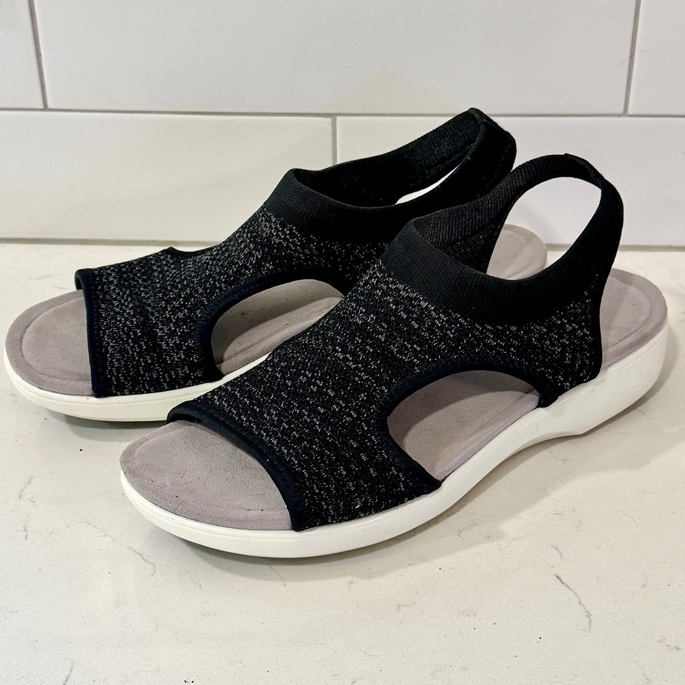 TRAQ by Alegria Uee Black White Knit Slingback Walking Sandals Womens 39